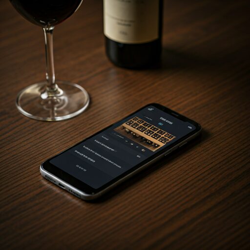 Moderne digitale Weintresor-App auf einem Smartphone, das auf dunklem Holz neben einem Weinglas liegt