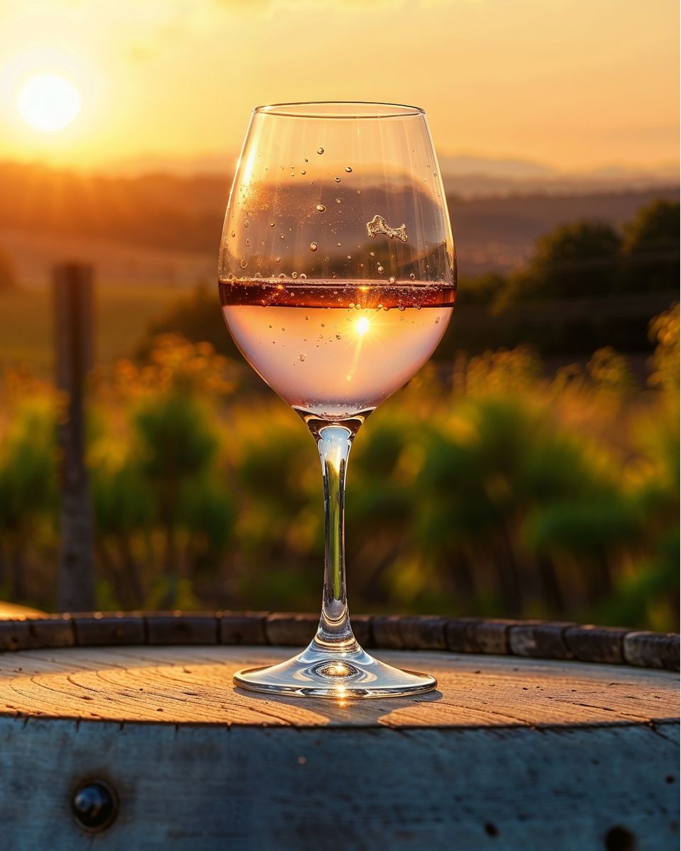 Ein Glas Wein auf einem Fass, bei Sonnenuntergang über dem Weinberg