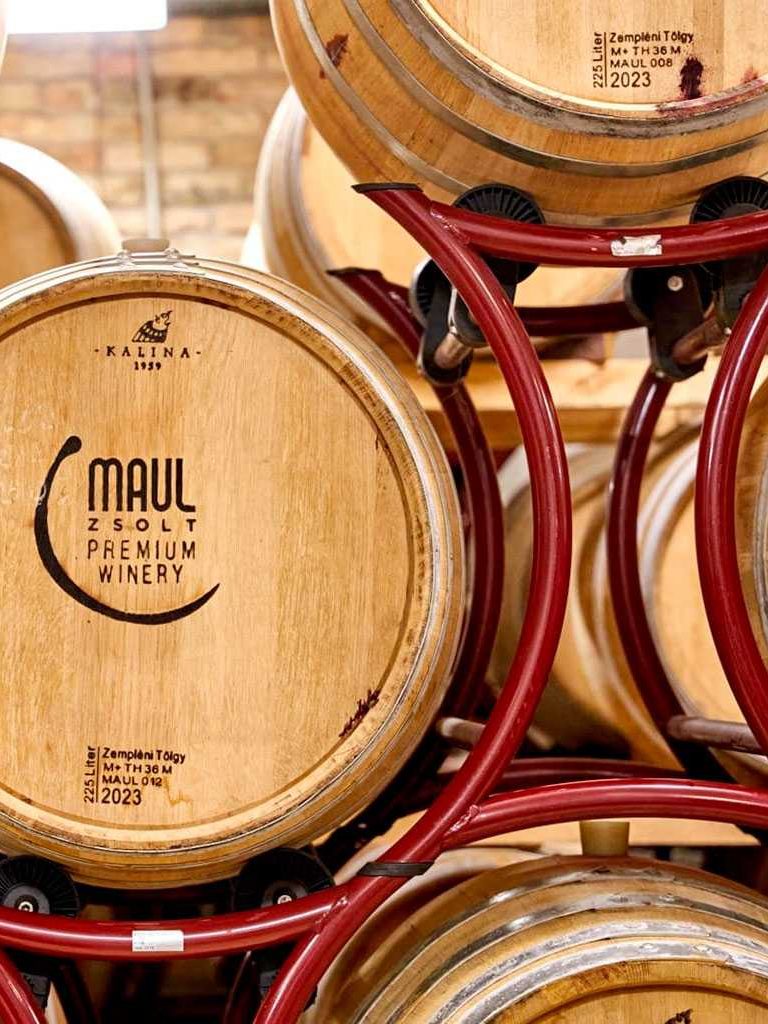 Eichenfässer mit der Aufschrift MAUL Zsolt Premium Winery im Keller in Villány
